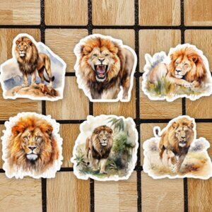 Watercolor Lion Sticker Pack of 6 Vinyl Stickers Waterproof Animal Sticker Set